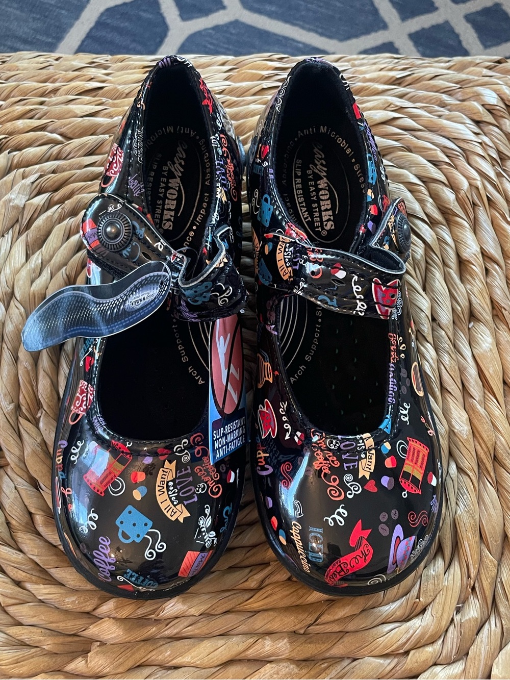 Easy Works by Easy Street Letsee Mary Jane Clogs Coffee Themed NWT